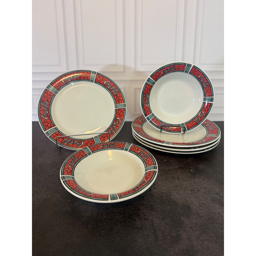 Coca-Cola 1996 Stained Glass Mosaic Dinnerware Set 4 Plates 2 Bowls Vintage